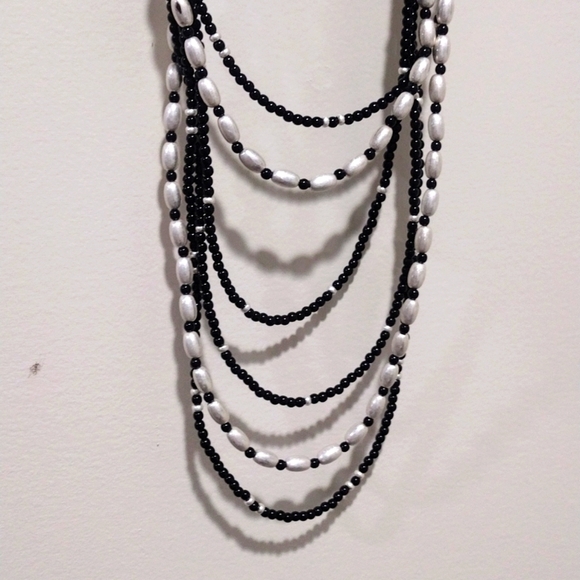 Women's Silver Tone, Various sizes of Black & silver Layered Beaded Necklace - Picture 1 of 8